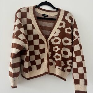 Brown & Cream Patterned V-Neck Cardigan Sweater